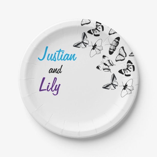 Plato De Papel Boda de mariposas negras y blancas (Anverso)