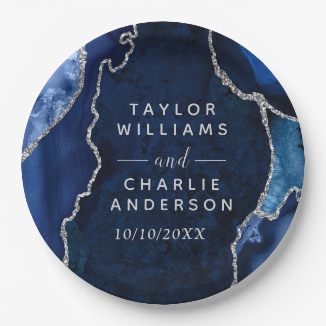 Plato De Papel Boda de Mármol Azul Marino y Ágata Plateada (Anverso)