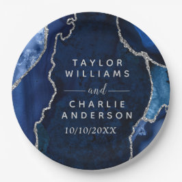 Plato De Papel Boda de mármol azul y plateado de la armada