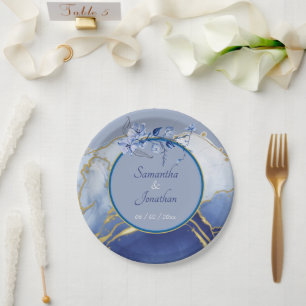 Plato De Papel Boda de mármol de Aqua Blue Modern