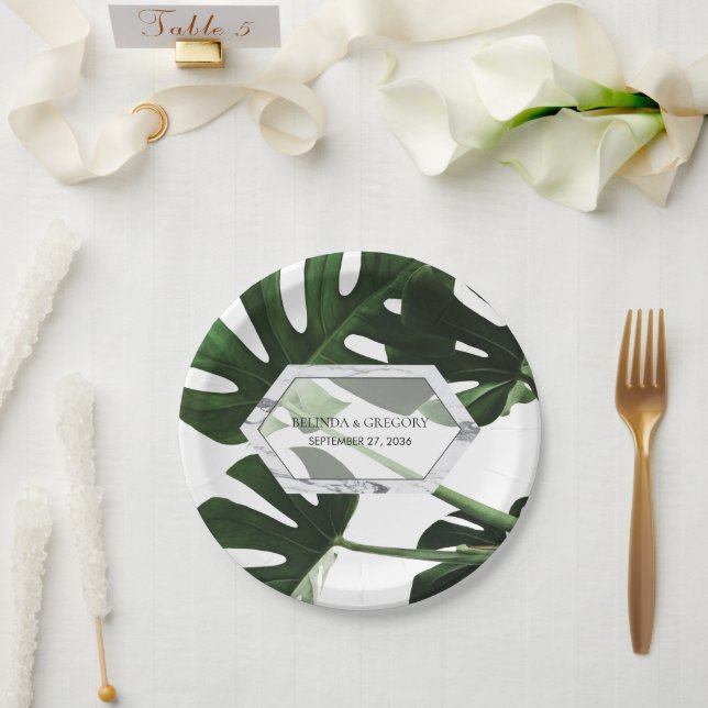 Plato De Papel Boda de Mármol de Monstera Tropical (Boda)
