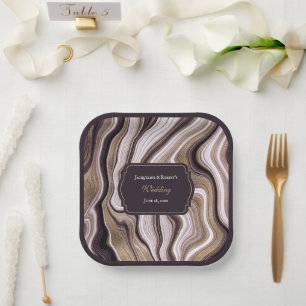 Plato De Papel Boda de mármol morado y dorado elegante