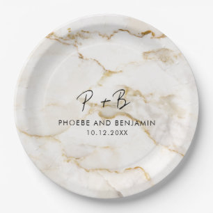 Plato De Papel Boda de Mármol Oro de Monograma Moderno Personaliz