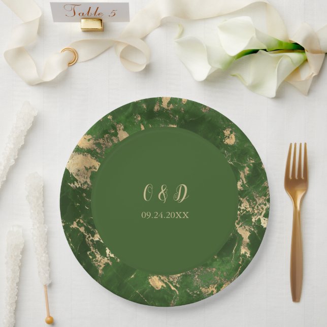 Plato De Papel Boda De Mármol Verde Y Oro (Boda)