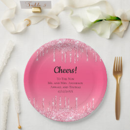 Plato De Papel Boda de moda con purpurina goteante rosa personali