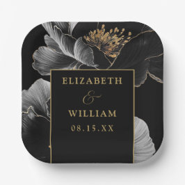 Plato De Papel Boda De Moda Elegante De Flores Negro Y Oro Modern