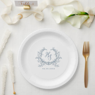 Plato De Papel Boda de Monograma azul oxidado romántico