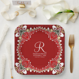 Plato De Papel Boda de Monograma Batik Bohemian Rojo