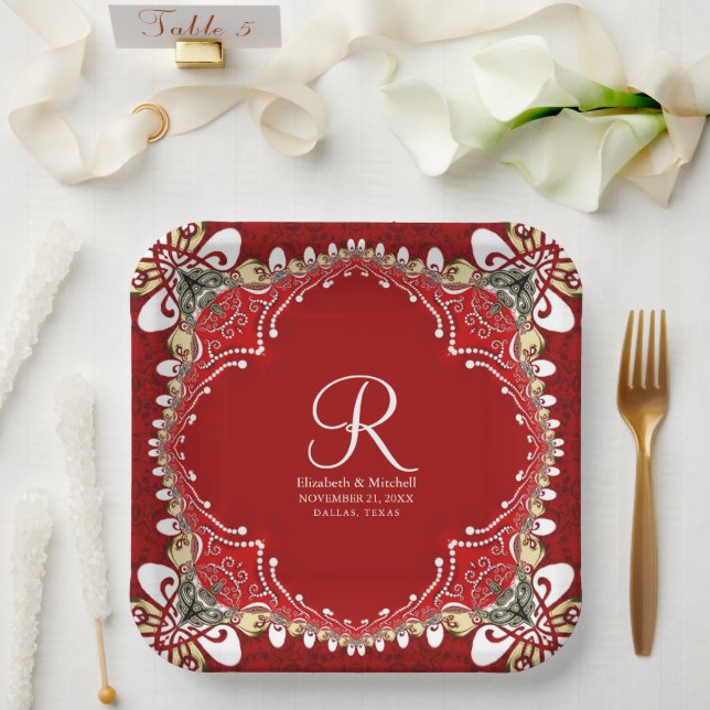 Plato De Papel Boda de Monograma Batik Bohemian Rojo (Boda)