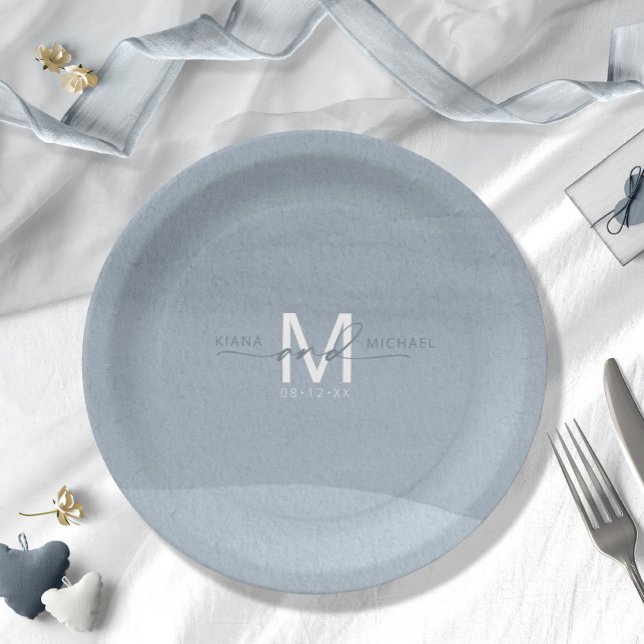 Plato De Papel Boda de monograma caligrafía Dusty Blue ID771 (Subido por el creador)