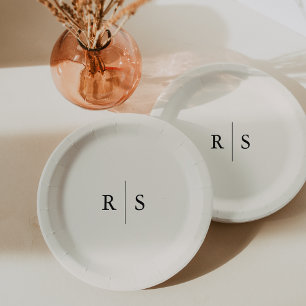 Plato De Papel Boda de monograma color editable negro y crudo