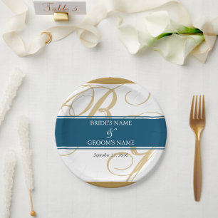 Plato De Papel Boda de Monograma con guión elegante azul dorado