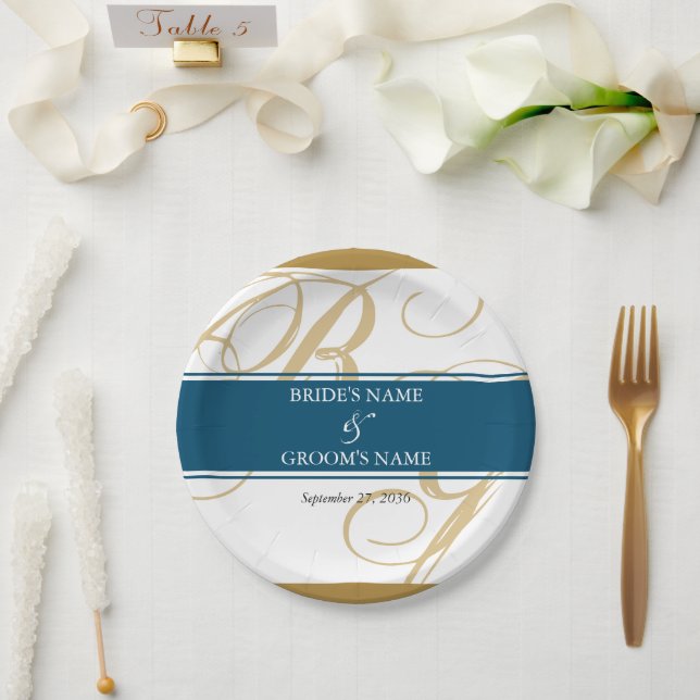 Plato De Papel Boda de Monograma con guión elegante azul dorado (Boda)