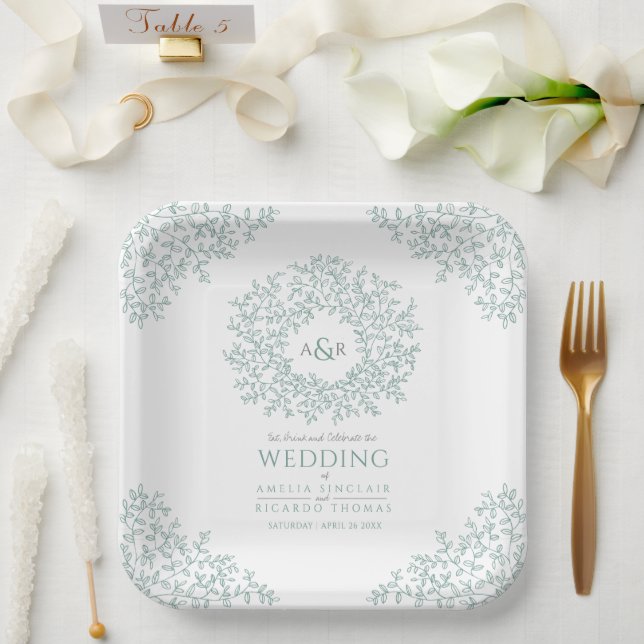 Plato De Papel Boda de monograma de dibujo de hoja de círculo ver (Boda)