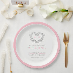 Plato De Papel Boda de monograma de la corteza dorsal rosada del 