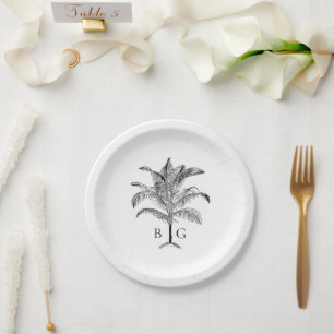 Plato De Papel Boda de monograma de palmeras tropicales minimalis