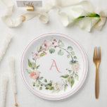 Plato De Papel Boda de Monograma Floral Rosa Rubor Elegante<br><div class="desc">Esta elegancia es lo mejor para ducha de boda o de novia. ¡Hermoso! Añadir un monograma a personalizar. Así que bonito. Perfecto para su ocasión especial.</div>