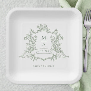 Plato De Papel Boda de monograma floral verde salvia elegante