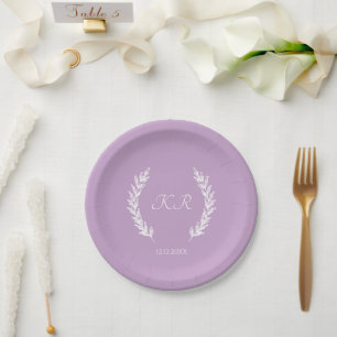 Plato De Papel Boda de Monograma Froral Botánico Púrpura