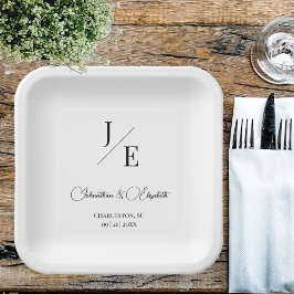 Plato De Papel Boda de monograma minimalista | Blanca