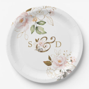 Plato De Papel Boda de monograma Rubor Gold Flowers