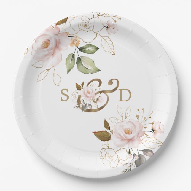 Plato De Papel Boda de monograma Rubor Gold Flowers (Anverso)