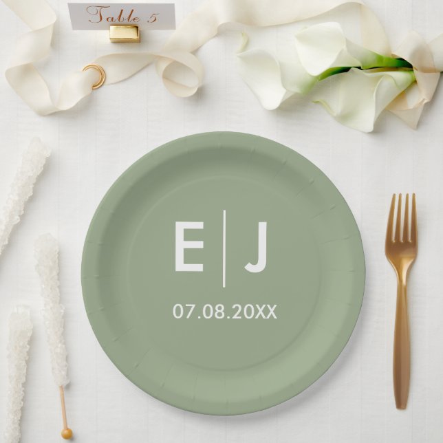 Plato De Papel Boda de Monograma Verde y Blanco Sabio (Boda)
