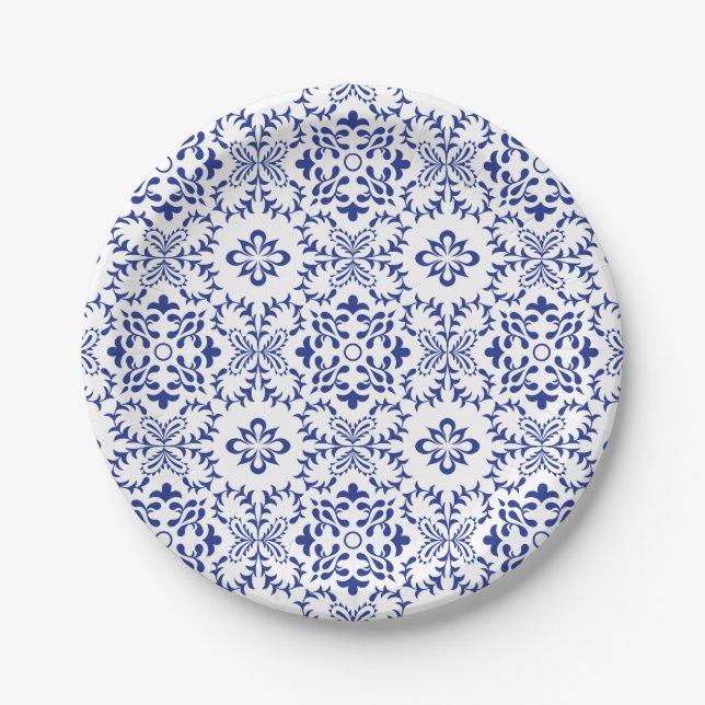 Plato De Papel Boda de mosaico azul de lemones mediterráneos (Anverso)