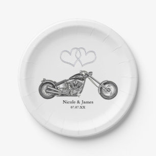 Plato De Papel Boda de Motocicletas y Corazones de Plata de Moter