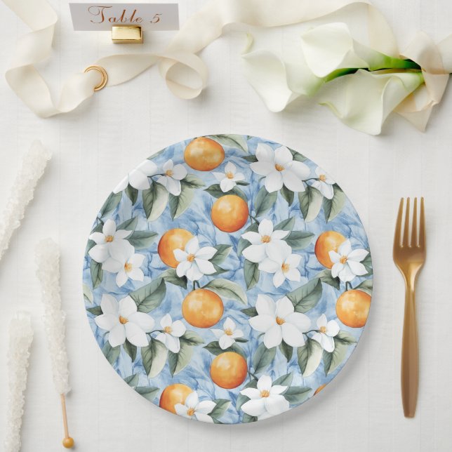 Plato De Papel Boda de naranjas florales de verano blancas azules (Boda)