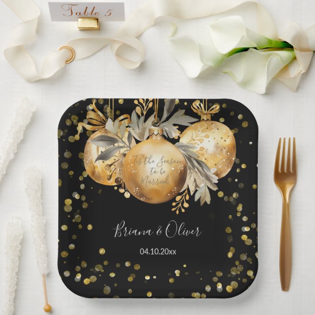 Plato De Papel Boda de Navidad de oro negro (Boda)