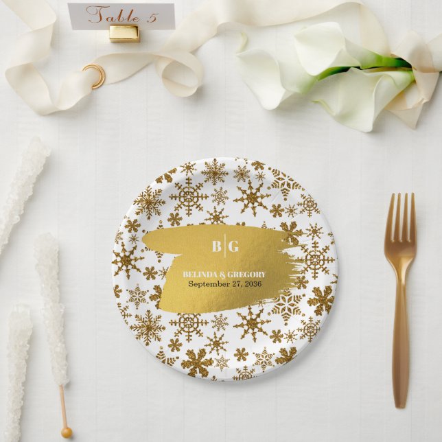 Plato De Papel Boda de Navidades festivos Golden Snowflakes (Boda)
