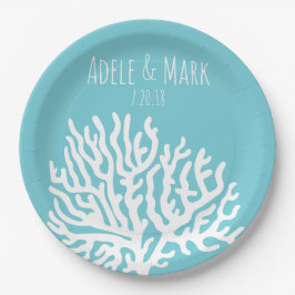 Plato De Papel Boda de nombres de pareja de coral del Mar Blanco