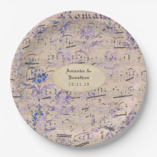 Plato De Papel Boda de notas musicales efímeras de lavanda