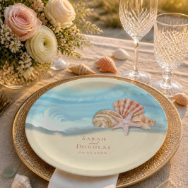 Plato De Papel Boda de Olas del Océano Azul Romántico y Conchas M