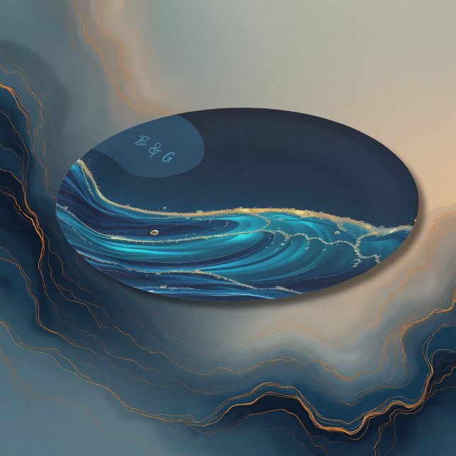Plato De Papel Boda de Olas Oceánicas con Acento Dorado (Subido por el creador)