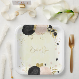 Plato De Papel Boda de oro de flores negras y rosas románticas