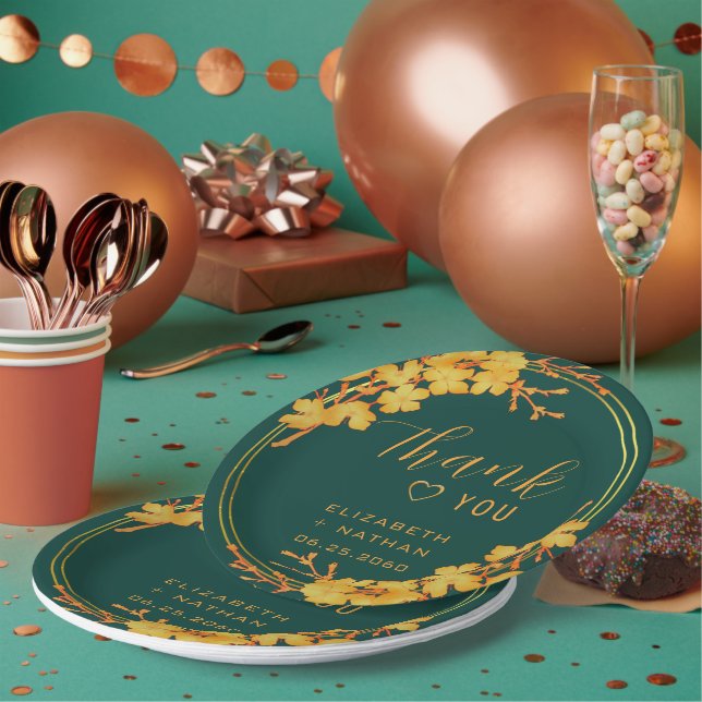 Plato De Papel Boda de oro y verde esmeralda clásico gracias (Multi)