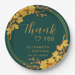 Plato De Papel Boda de oro y verde esmeralda clásico gracias