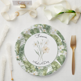Plato De Papel Boda de Orquídeas Blancas Hojas Verdes Tropicales