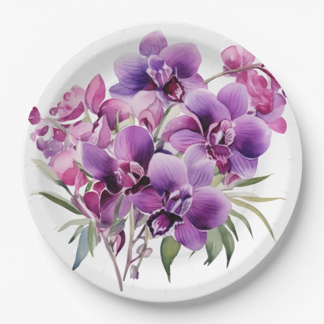 Plato De Papel Boda de orquídeas púrpuras y blancas (Anverso)
