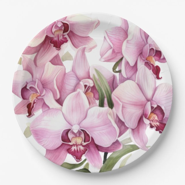 Plato De Papel Boda de orquídeas rosas y blancas (Anverso)