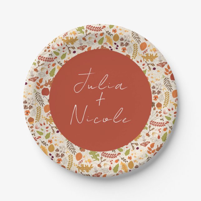 Plato De Papel Boda de otoño de flores rusticas secas y bohemias  (Anverso)