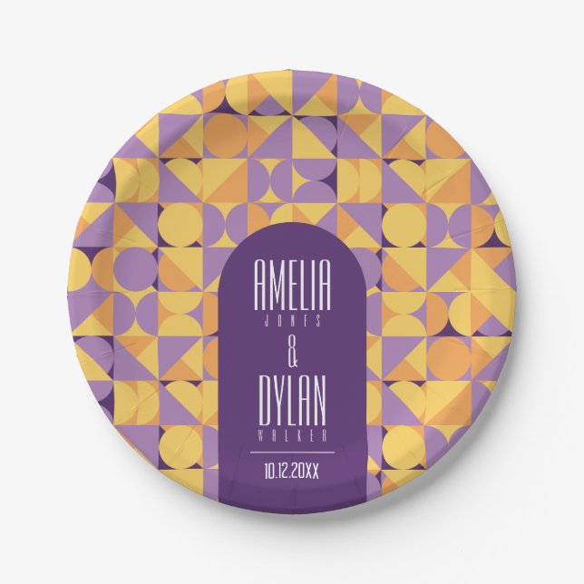 Plato De Papel Boda de otoño de los vibraciones retro geométricos (Anverso)