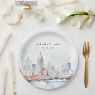 Plato De Papel Boda de paisaje al acuarela de Detroit Michigan