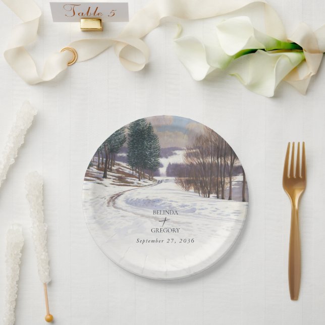 Plato De Papel Boda de paisaje de nieve de invierno acuarela (Boda)