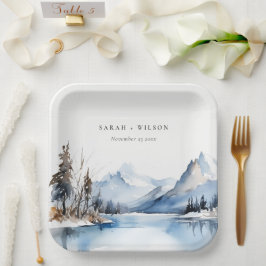 Plato De Papel Boda de paisajes de nieve de invierno de Mountain