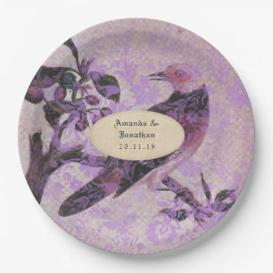 Plato De Papel Boda de pájaro de damasco de lavanda