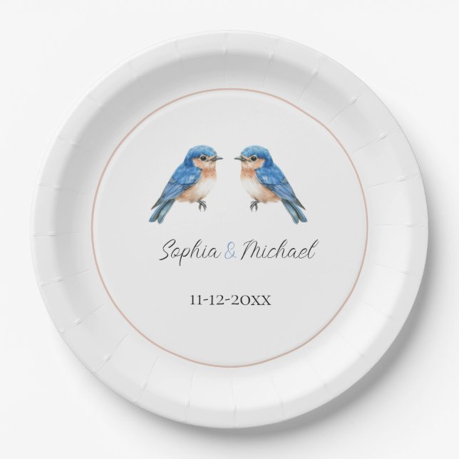 Plato De Papel Boda de pájaros de amor azules (Anverso)