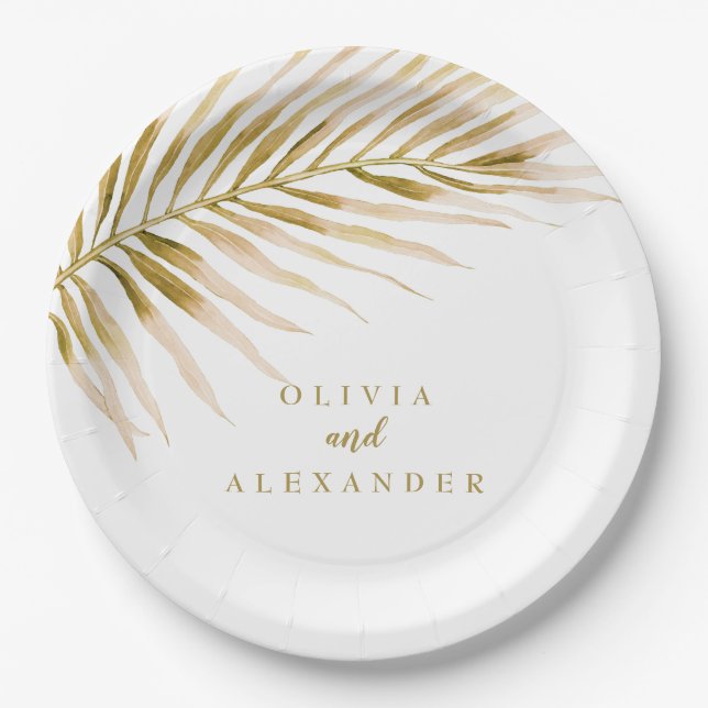 Plato De Papel Boda de Palma Dorada Tropical (Anverso)